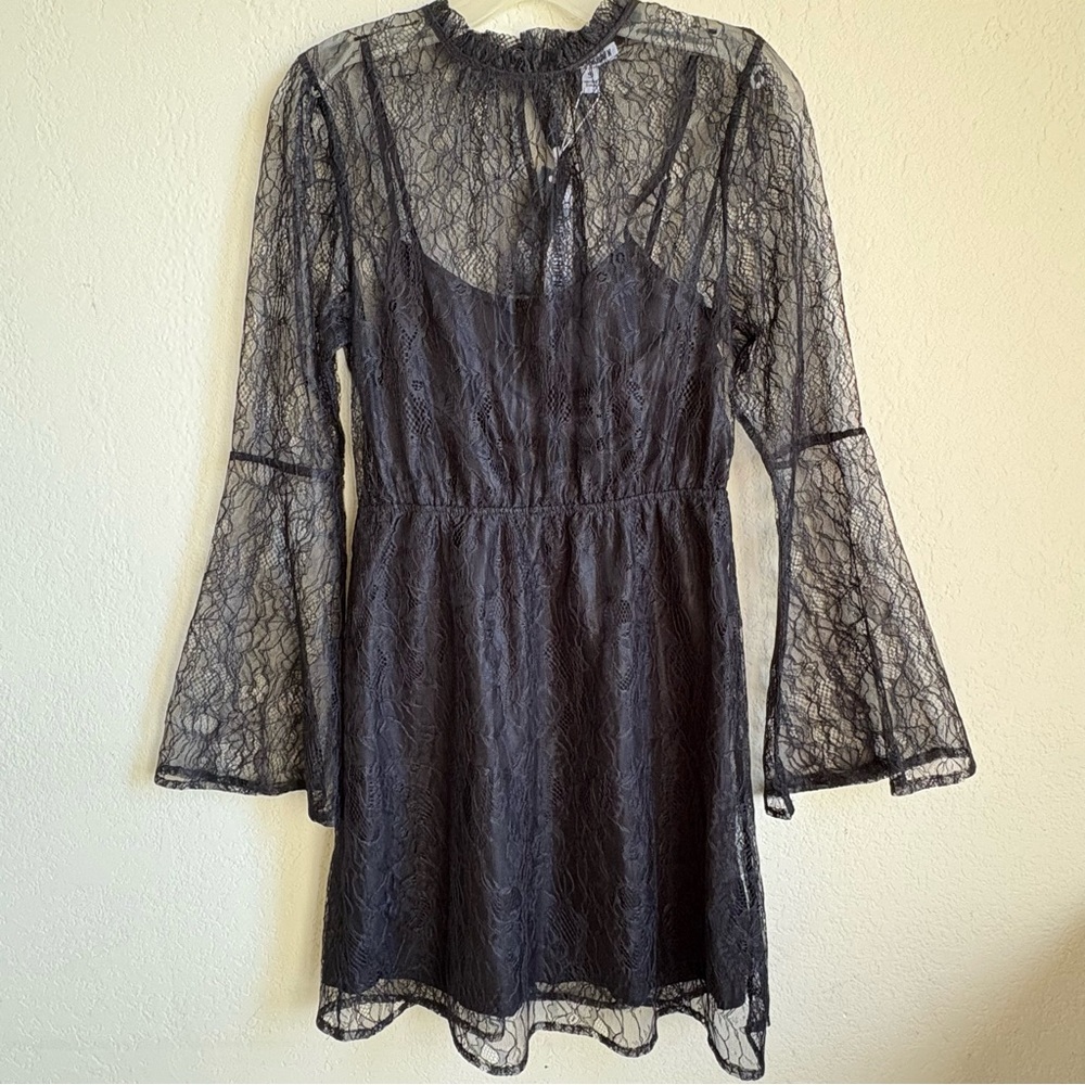 NWT Steve Madden Sheer Black Lace Bell Sleeve Dress with Ruffle Detail, Sz. Sm